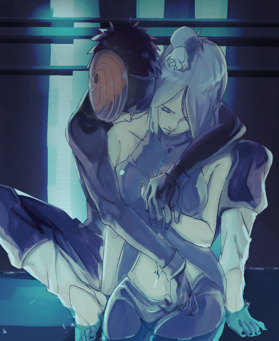 1boy, 1girl, bare_shoulders, black_hair, blue_hair, blue_theme, breasts, closed_eyes