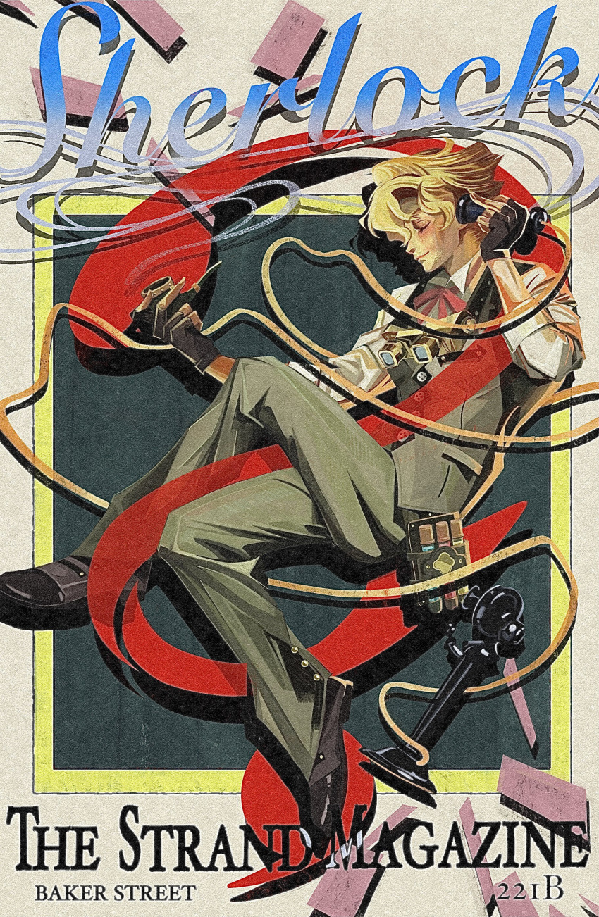 1boy, absurdres, ace_attorney, black_footwear, blonde_hair, candlestick_phone, character_name, closed_eyes