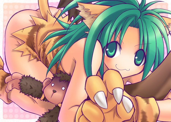 1girl, :3, animal_ears, animal_hands, animal_print, ass, bangs, blush