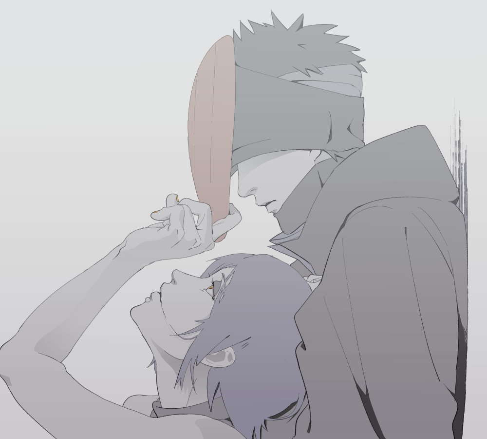 1boy, 1girl, against_wall, akatsuki_(naruto), arm_up, bandaged_head, bandages, bare_shoulders
