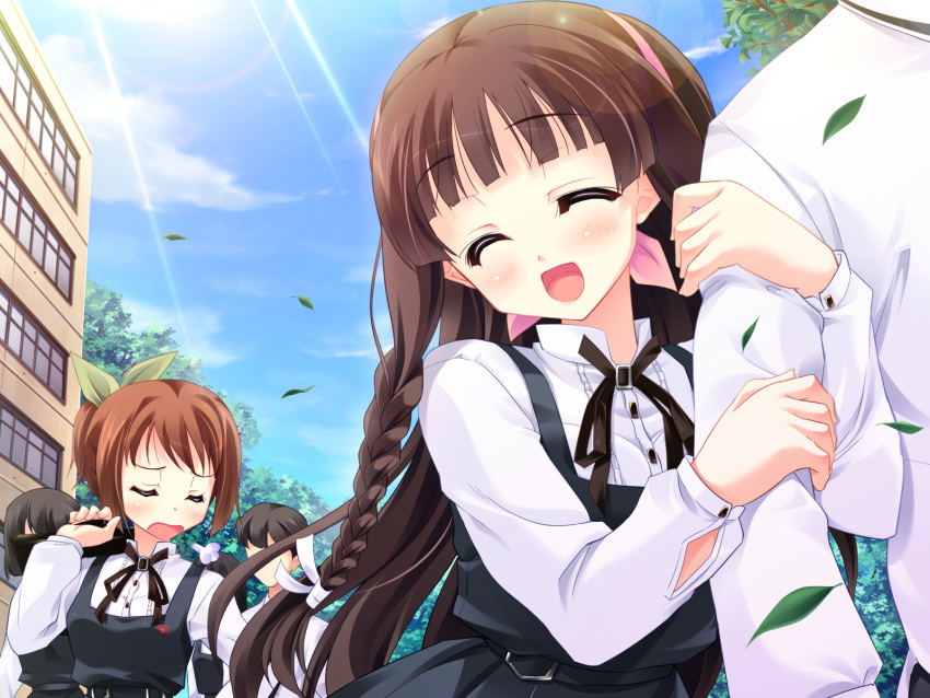 blush, brown_hair, clouds, game_cg, hachikazuki_chizuru, harukazedori_ni_tomarigi_wo_2nd_story, kawakoshi_saeko, leaves, long_hair, ribbons, seifuku, short_hair, sky