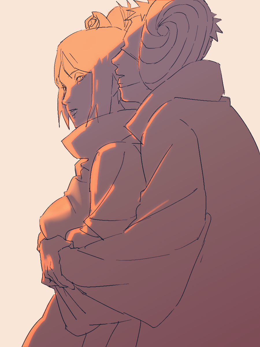 1boy, 1girl, akatsuki_(naruto), breasts, coat, eyeshadow, flower, gloves
