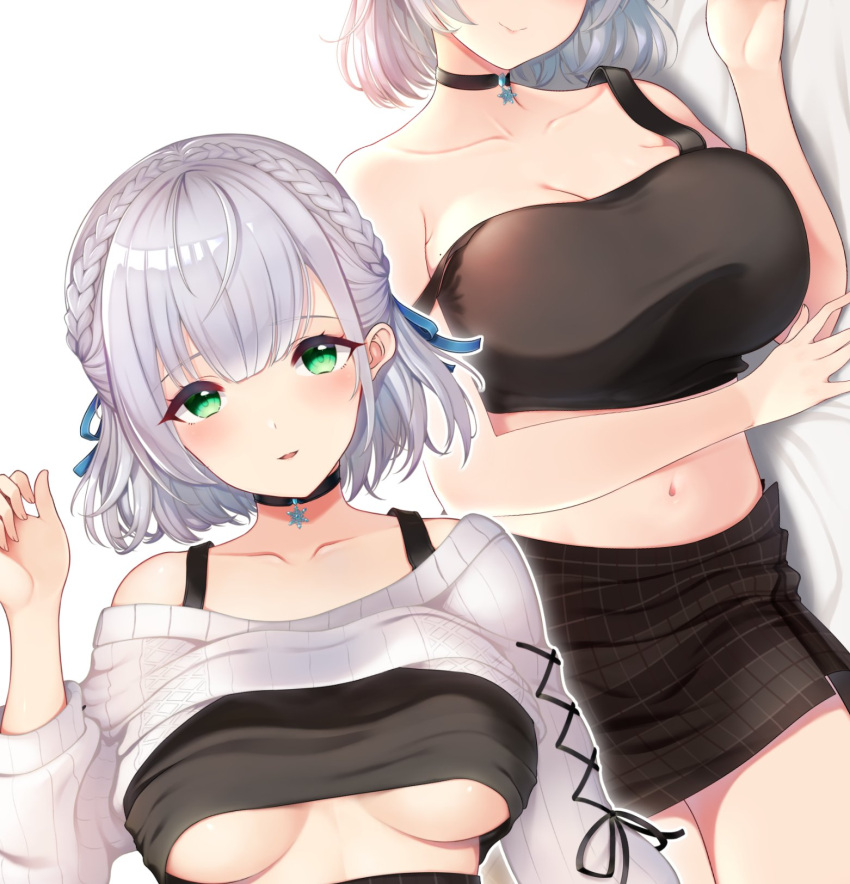 1girl, bangs, blue_ribbon, blunt_bangs, braid, choker, french_braid, green_eyes