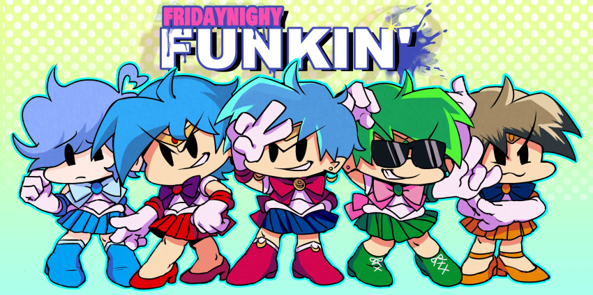 5boys, ahoge, alternate_universe, bishoujo_senshi_sailor_moon, black_eyes, blue_hair, boyfriend_(friday_night_funkin'), brown_hair