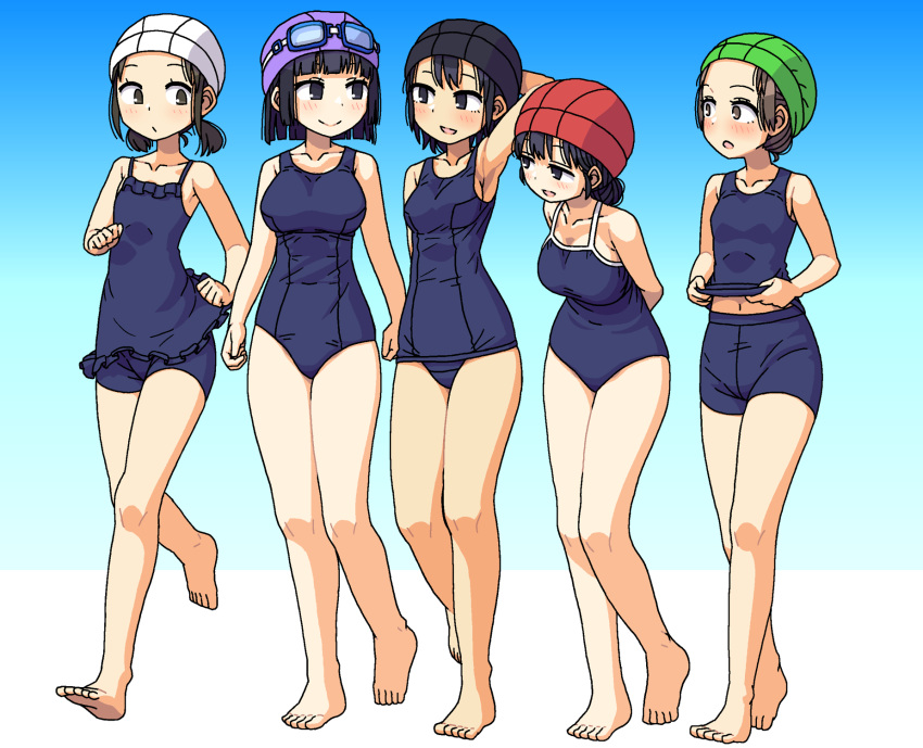 5girls, :o, arm_behind_head, armpits, arms_behind_back, black_eyes, black_hair, bob_cut, breasts, brown_eyes, brown_hair, frills, goggles, goggles_on_headwear, hair_bun, highres, large_breasts, maruput, midriff, multiple_girls, original, school_uniform, short_hair, simple_background, small_breasts, smile, swim_cap, twintails