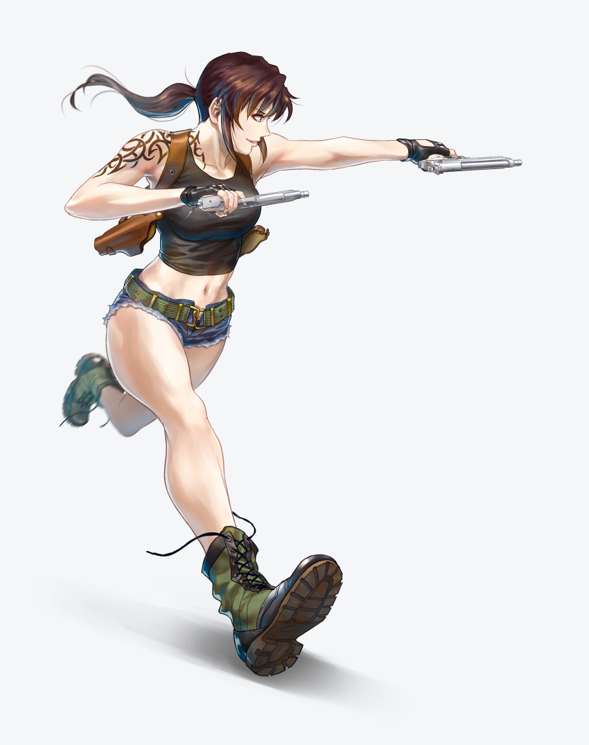 1girl, absurdres, azasuke, bare_arms, belt, beretta_92, black_lagoon, black_tank_top