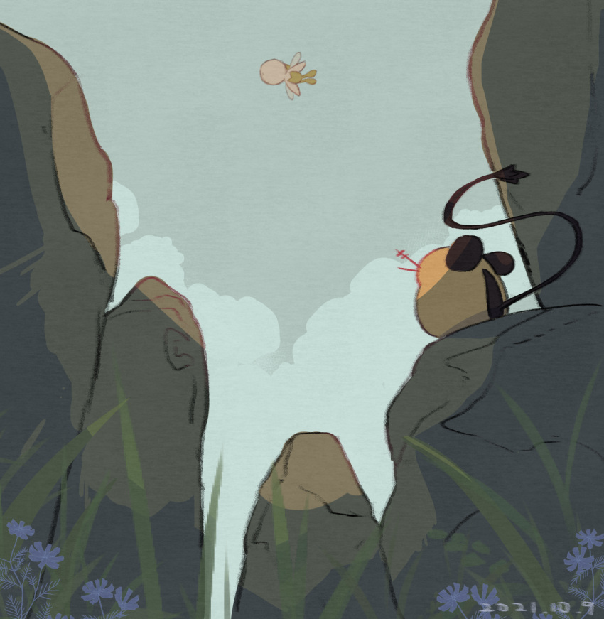 celebi, commentary_request, dated, day, dedenne, flower, flying, from_below