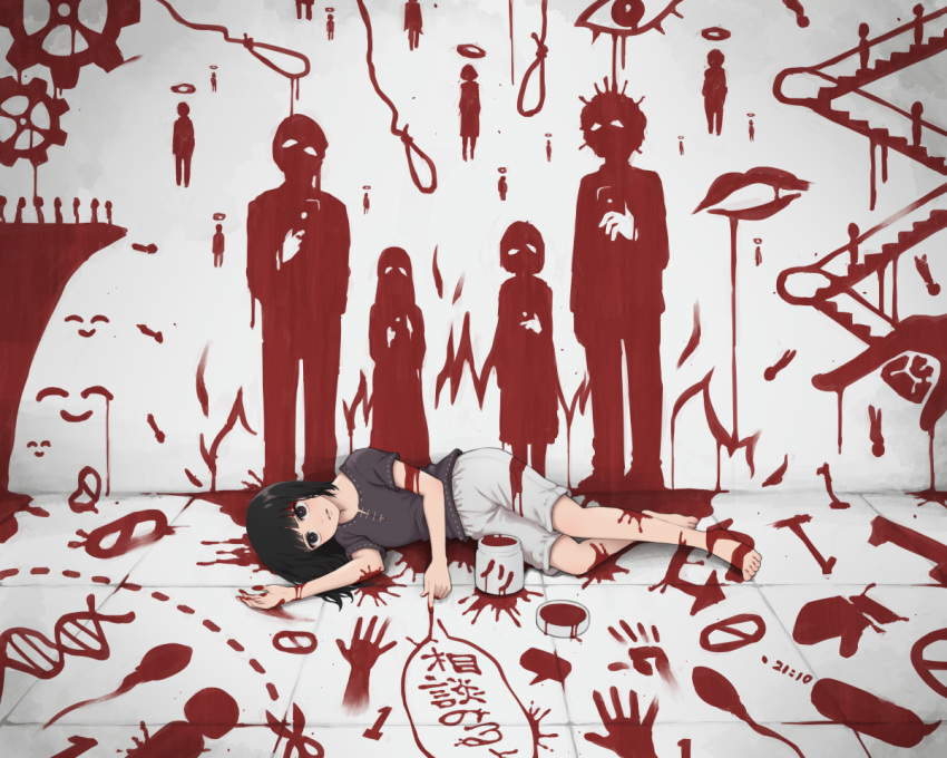 1girl, black_eyes, black_hair, commentary, dna_strand, dying_message, escalator, fake_blood, fire, halo, hand_print, holding, holding_phone, long_hair, lying, noose, on_side, original, phone, shorts, silhouette, sperm_cell, translation_request, yajirushi_(chanoma)