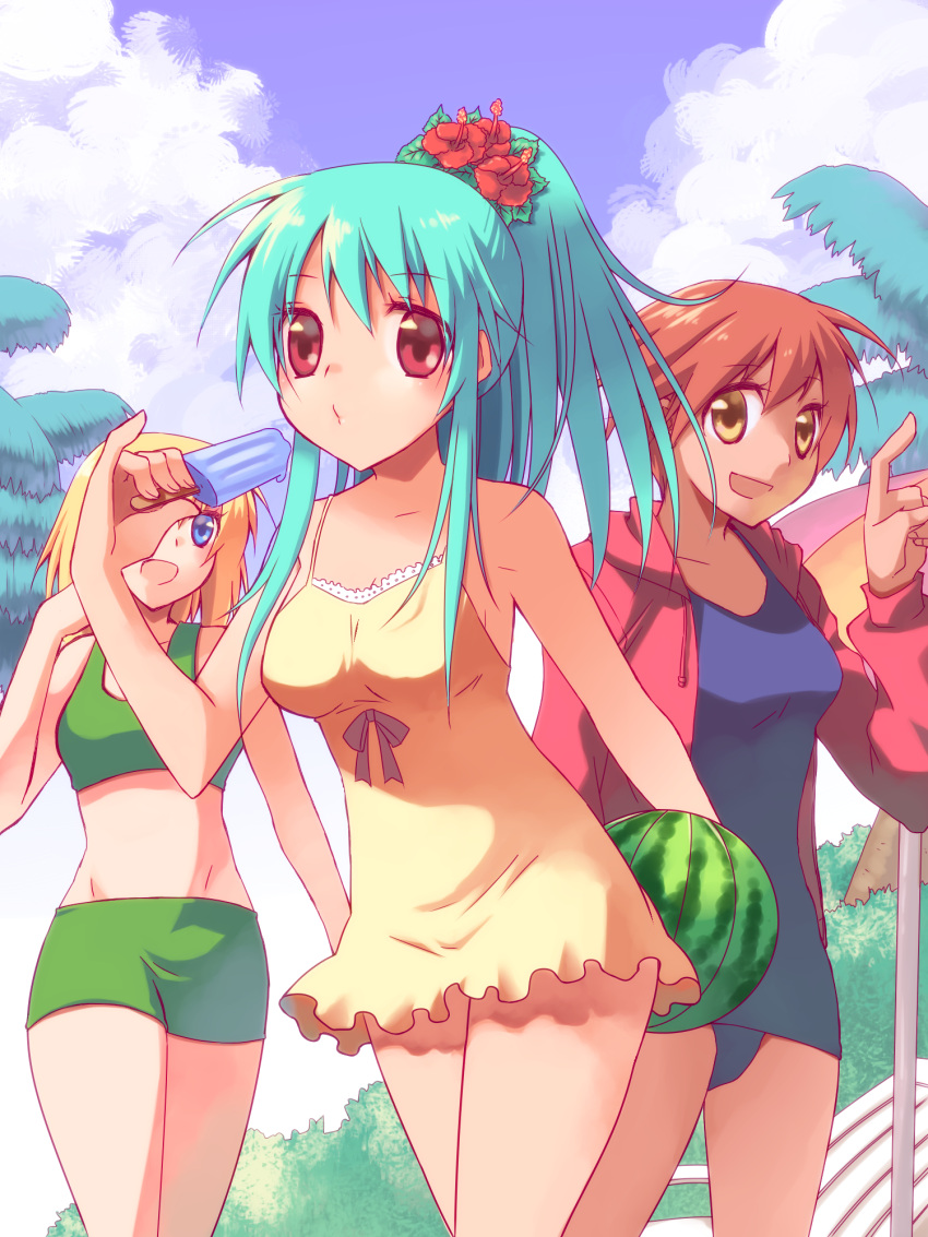 3girls, azpainter_(medium), ball, bangs, beachball, bike_shorts, blonde_hair, blue_eyes, blue_hair, blue_sky, blue_swimsuit, breasts, brown_eyes, brown_hair, closed_mouth, clouds, commentary_request, cowboy_shot, dress, eyebrows_visible_through_hair, flower, food, frilled_dress, frills, green_shorts, green_sports_bra, hair_flower, hair_ornament, hibiscus, highres, holding, holding_food, hood, hoodie, long_hair, looking_at_viewer, medium_breasts, multiple_girls, mypaint_(medium), one-piece_swimsuit, open_clothes, open_hoodie, open_mouth, original, palm_tree, ponytail, popsicle, red_flower, red_hoodie, sakakura_(sariri), short_hair, shorts, sky, smile, sports_bra, swimsuit, tree, watermelon_beachball, yellow_dress