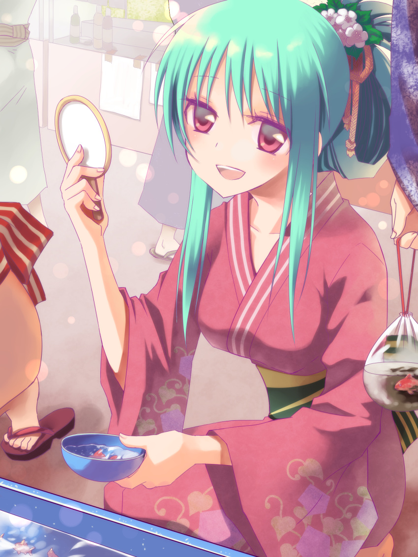 1girl, 4others, azpainter_(medium), bangs, blush, bowl, breasts, commentary_request