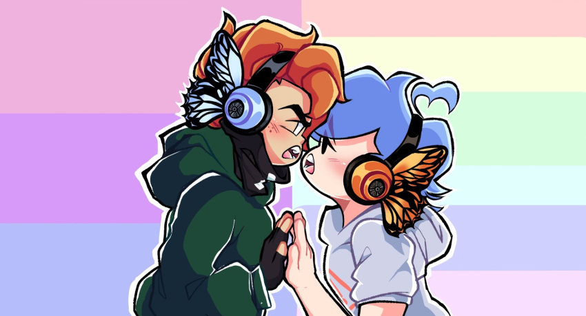 2boys, ahoge, alternate_universe, animate_sen, bandana, bisexual_flag, blue_hair, boyfriend_(friday_night_funkin')