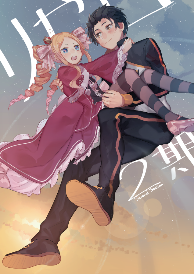 beatrice_(re:zero), black_hair, blonde_hair, blue_eyes, capelet, carrying, crown, dress