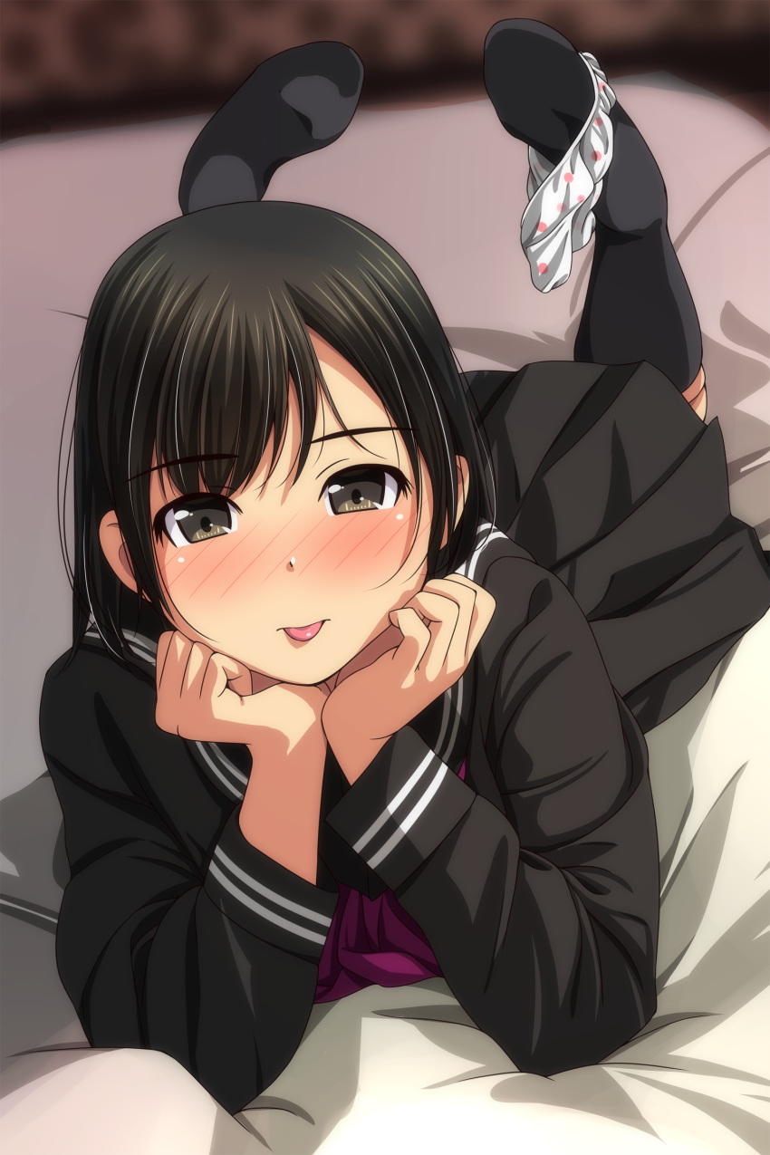 1girl, absurdres, bangs, bed_sheet, black_hair, black_legwear, black_sailor_collar, black_serafuku