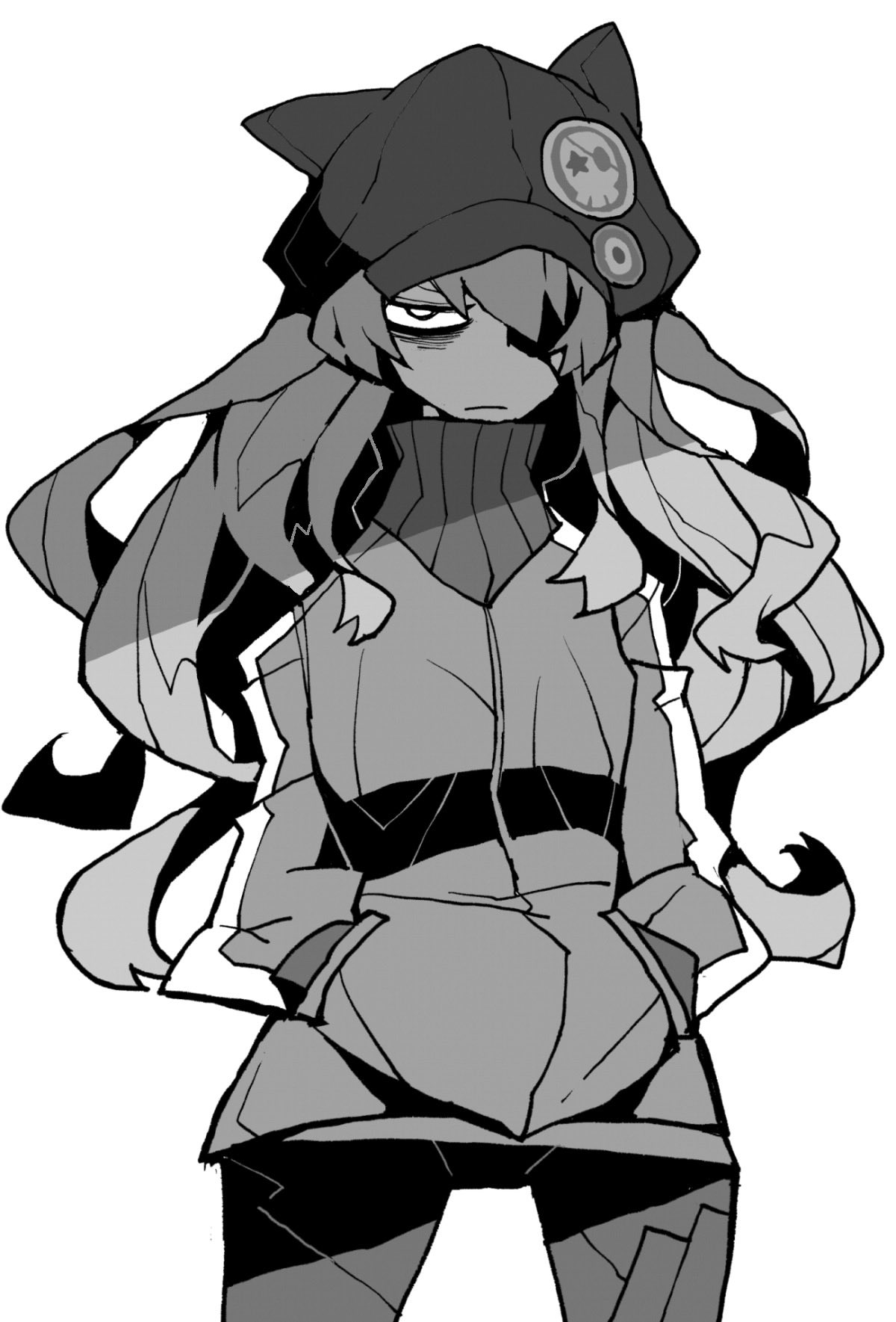 1girl, badge, bags_under_eyes, bangs, button_badge, cabbie_hat, cowboy_shot, dowman_sayman