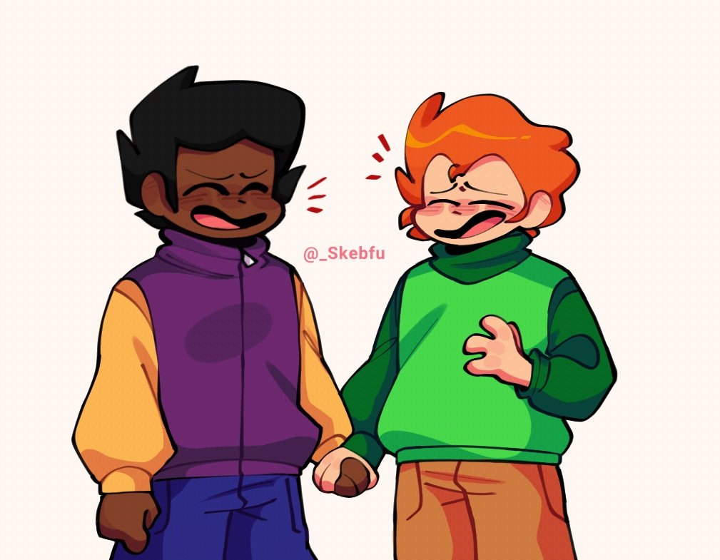 2boys, black_hair, blush, dark_skin, dark_skinned_male, darnell_(pico's_school), hand_holding, happy, orange_hair, pico's_school, pico_(pico's_school), simple_background, skebfu, smile, standing, white_background, yaoi