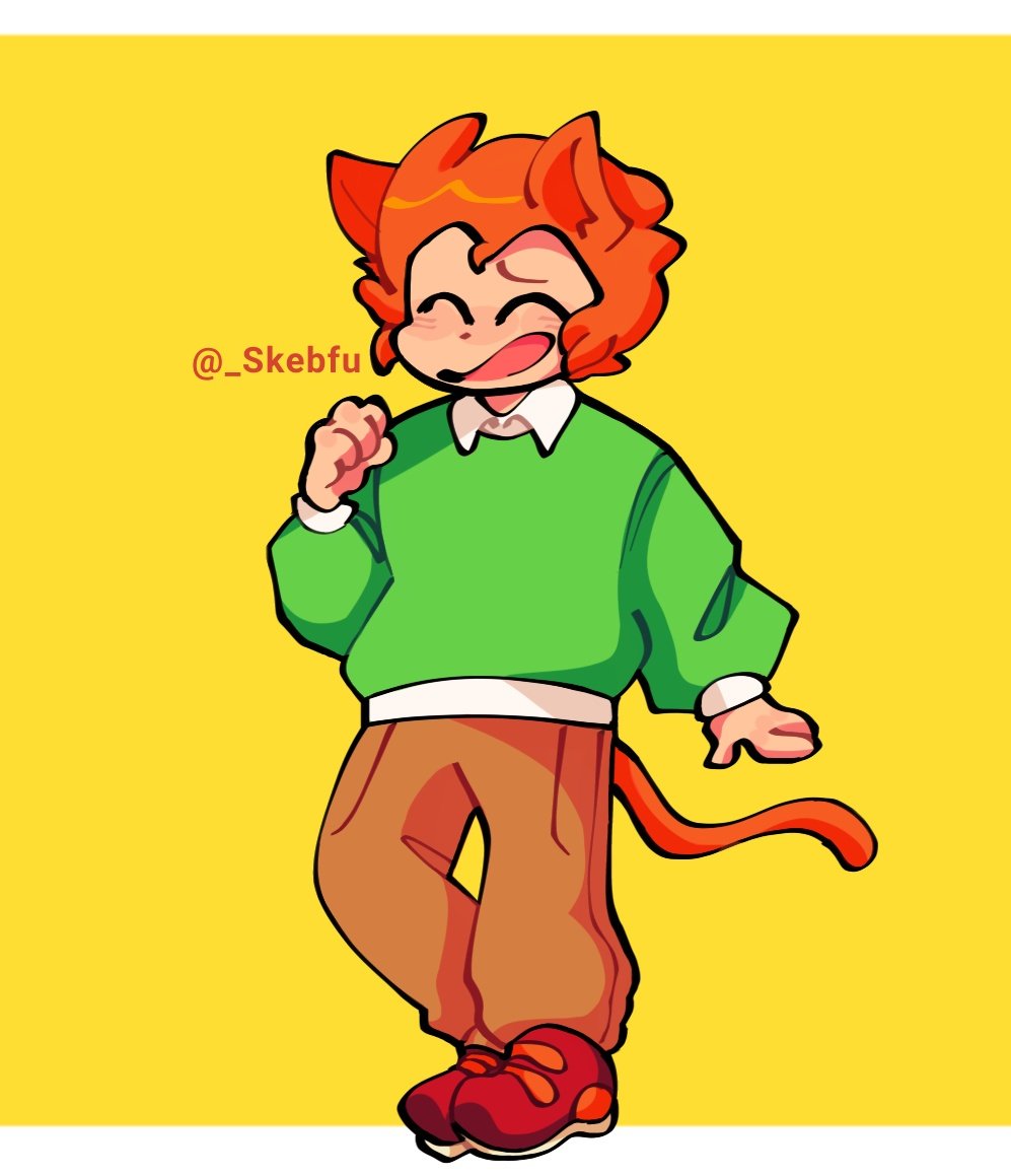 1boy, cat_boy, cat_ears, cat_tail, closed_eyes, orange_hair, pico's_school, pico_(pico's_school), skebfu, smile, solo, standing, twitter_username, yellow_background