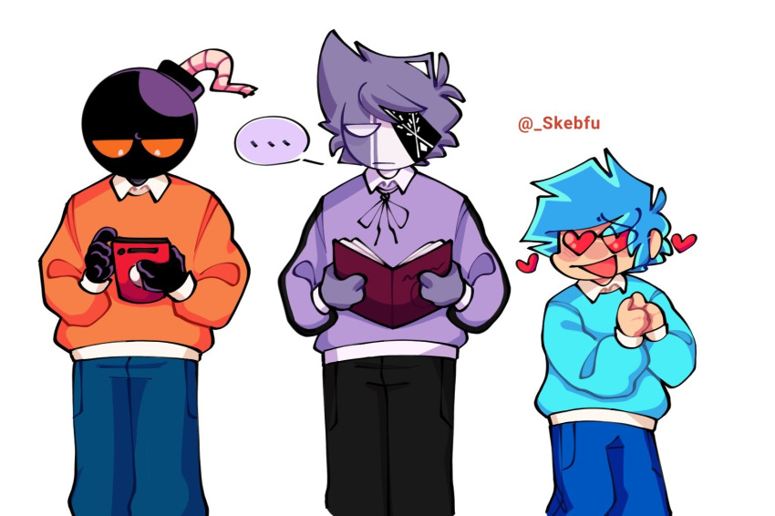 ..., 3boys, alternate_costume, blue_hair, book, boyfriend_(friday_night_funkin'), friday_night_funkin', heart, heart-shaped_pupils, holding, holding_book, mid-fight_masses_(friday_night_funkin'), purple_hair, ruv_(dokki.doodlez), simple_background, skebfu, smile, spoken_ellipsis, standing, twitter_username, white_background, whitty_bomb_guy