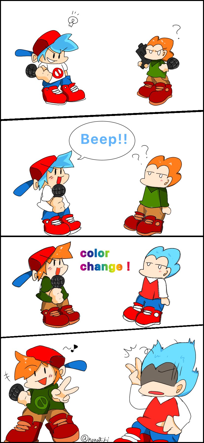 2boys, 4koma, alternate_color, blue_hair, boyfriend_(friday_night_funkin'), comic, english_text, friday_night_funkin', grin, nonogiri, orange_hair, pico_(pico's_school), rainbow_text, simple_background, speech_bubble, standing, white_background
