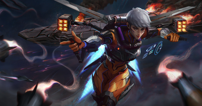 1girl, absurdres, aircraft, airplane, apex_legends, bodysuit, fighter_jet, finger_gun, fire, firing, hair_behind_ear, headset, highres, holographic_monitor, jet, jetpack, looking_to_the_side, lor_baa, military, military_vehicle, missile, missile_pod, orange_bodysuit, orange_eyes, short_hair, silver_hair, smirk, smoke, solo, space_craft, titanfall_(series), titanfall_2, valkyrie_(apex_legends)