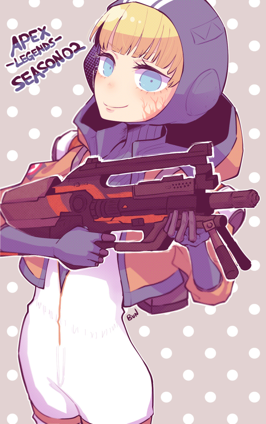 1girl, animification, apex_legends, bangs, blonde_hair, blue_bodysuit, blue_eyes, blue_gloves