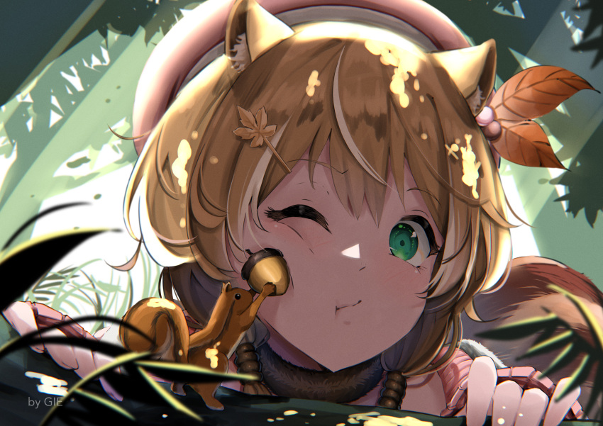 1girl, ;t, absurdres, animal_ear_fluff, animal_ears, artist_name, ayunda_risu, bangs