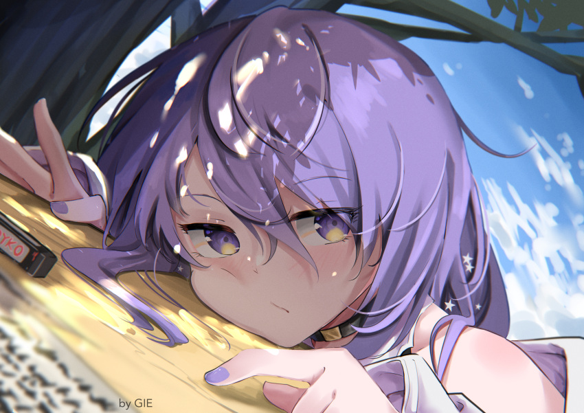1girl, absurdres, artist_name, bangs, black_choker, blue_sky, blush, cheek_press