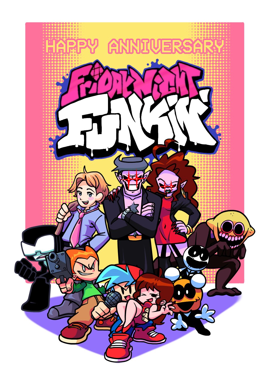 2girls, 6+boys, anniversary, boyfriend_(friday_night_funkin'), carrying, copyright_name, daddy_dearest, english_text