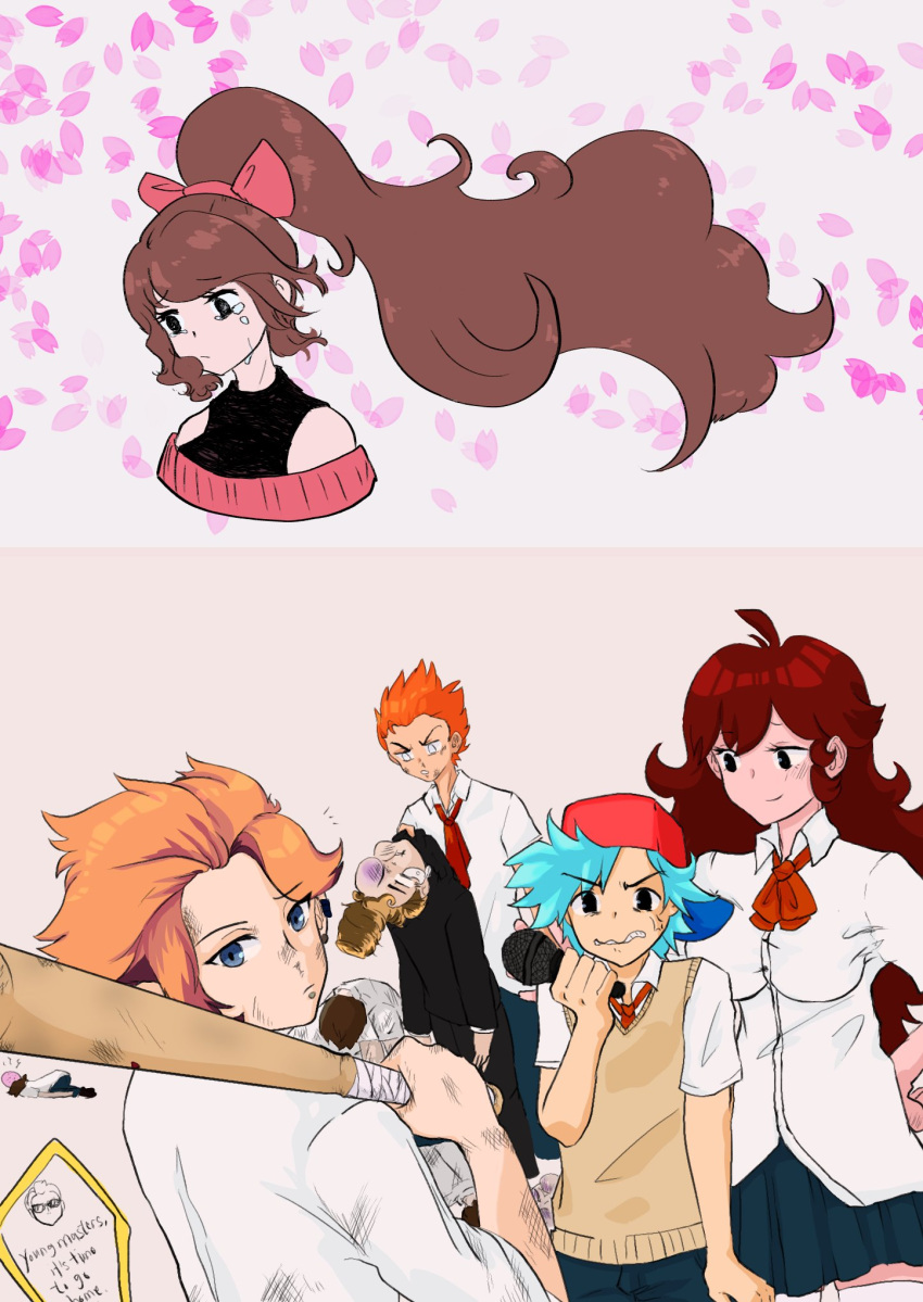 2girls, 6+boys, alternate_costume, alternate_universe, baseball_bat, black_eyes, blue_hair, boyfriend_(friday_night_funkin'), breasts, brown_hair, crying, disdumbassdraws, english_commentary, english_text, friday_night_funkin', friday_night_funkin'_soft, frown, girlfriend_(friday_night_funkin'), hair_bow, injury, long_hair, microphone, multiple_boys, multiple_girls, orange_hair, pico_(pico's_school), ponytail, sad, senpai_(friday_night_funkin'), shirt, short_hair, simple_background, skirt, smile, sweat, tears, white_eyes, white_shirt