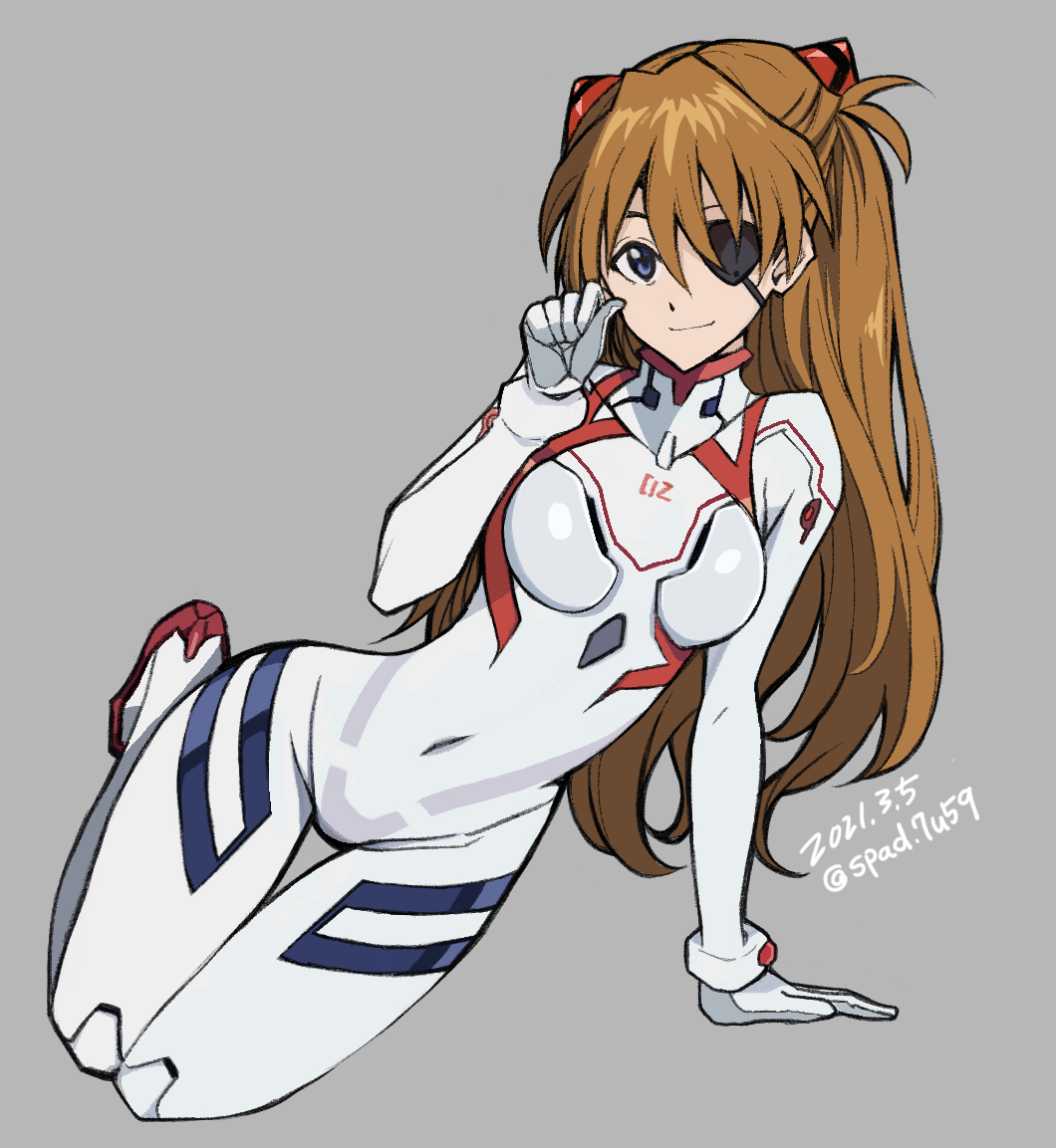 1girl, bangs, black_eyepatch, blue_eyes, bodysuit, breasts, commentary_request, dated