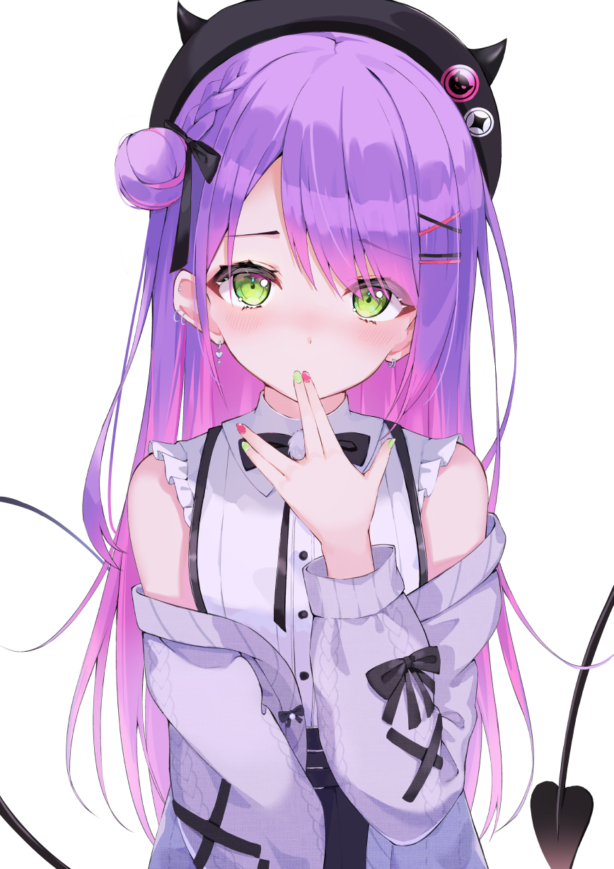 1girl, akie_(44265104), bangs, bare_shoulders, blush, braid, covering_mouth, demon_tail