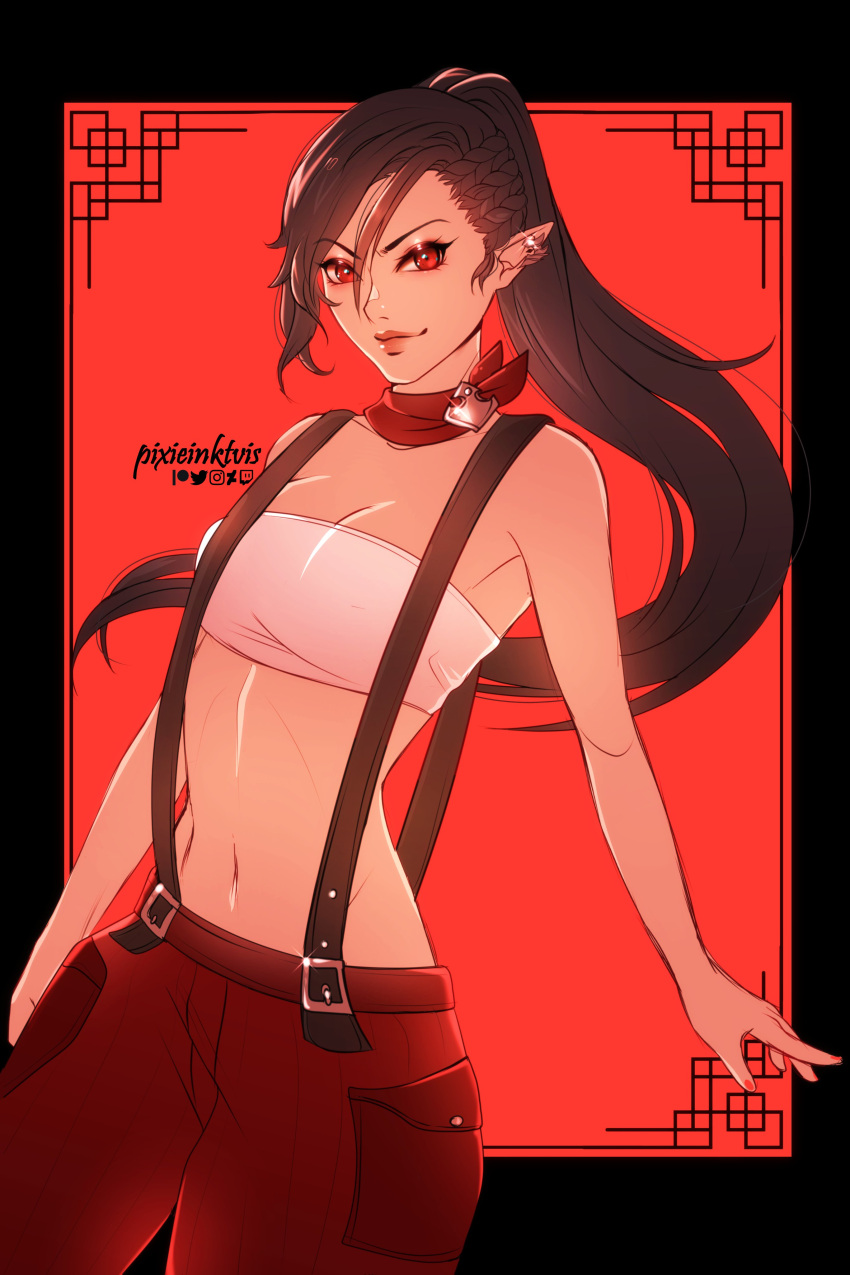 1girl, absurdres, artist_name, bandeau, black_hair, earrings, elezen, elf