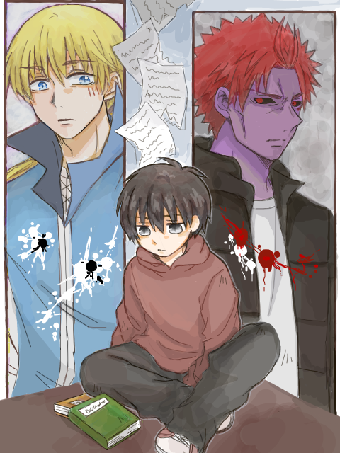3boys, black_hair, blonde_hair, blue_eyes, book, colored_skin, darren_shan, glalda, green_eyes, kurda_smahlt, long_hair, multiple_boys, ponytail, purple_skin, redhead, short_hair, the_saga_of_darren_shan, utani_(longelover)