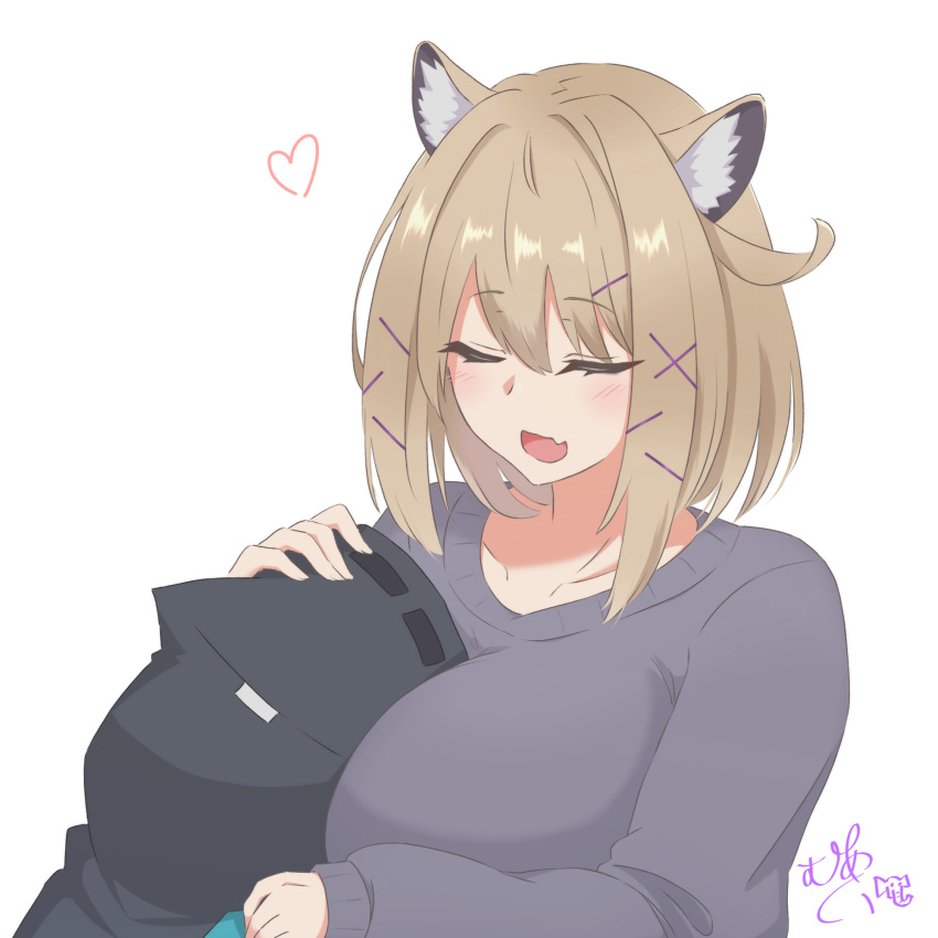 1girl, 1other, ambiguous_gender, animal_ears, arknights, bangs, between_breasts, blush