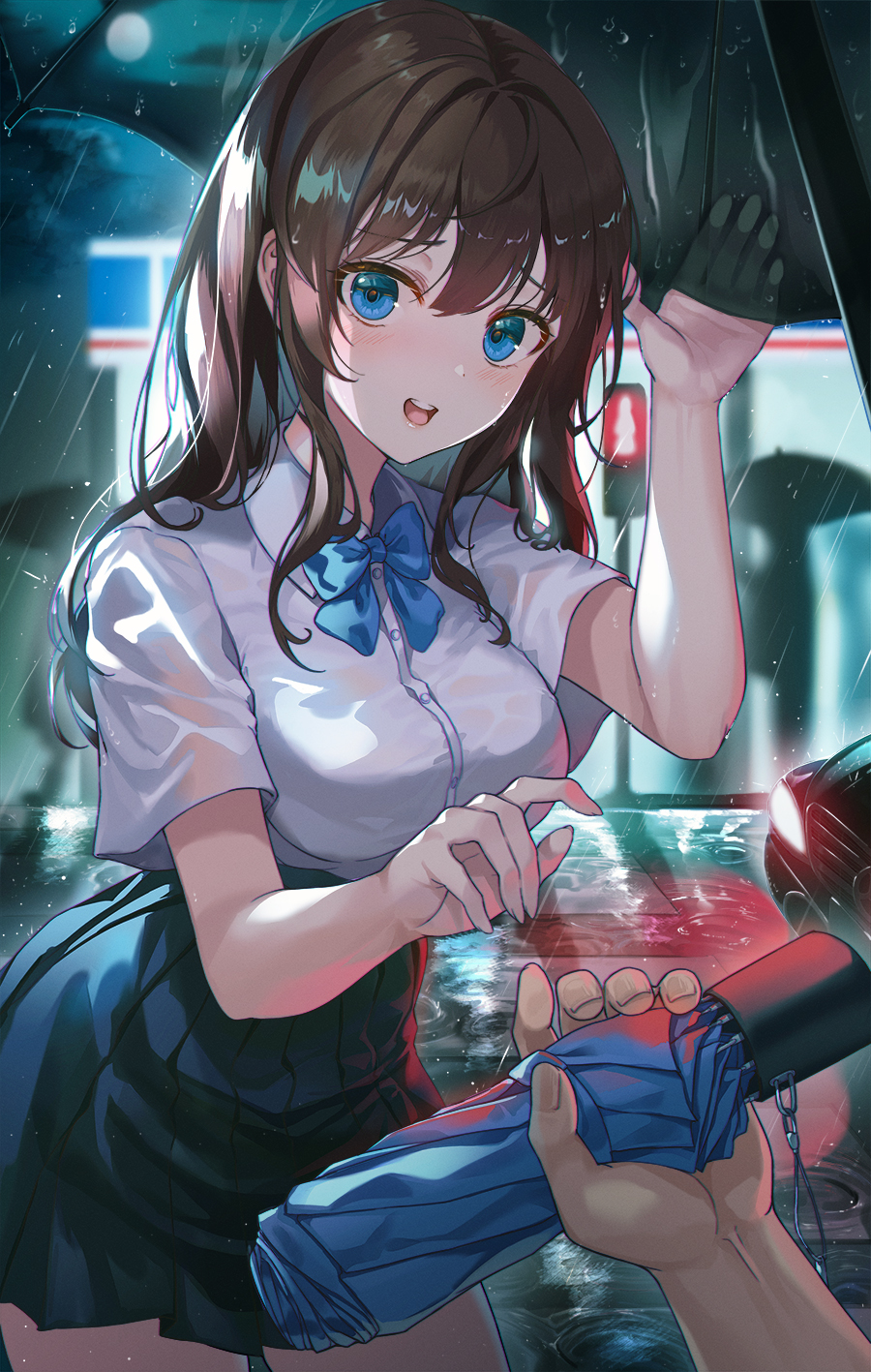 1boy, 1girl, arm_up, bangs, black_skirt, blue_eyes, blue_neckwear, blush