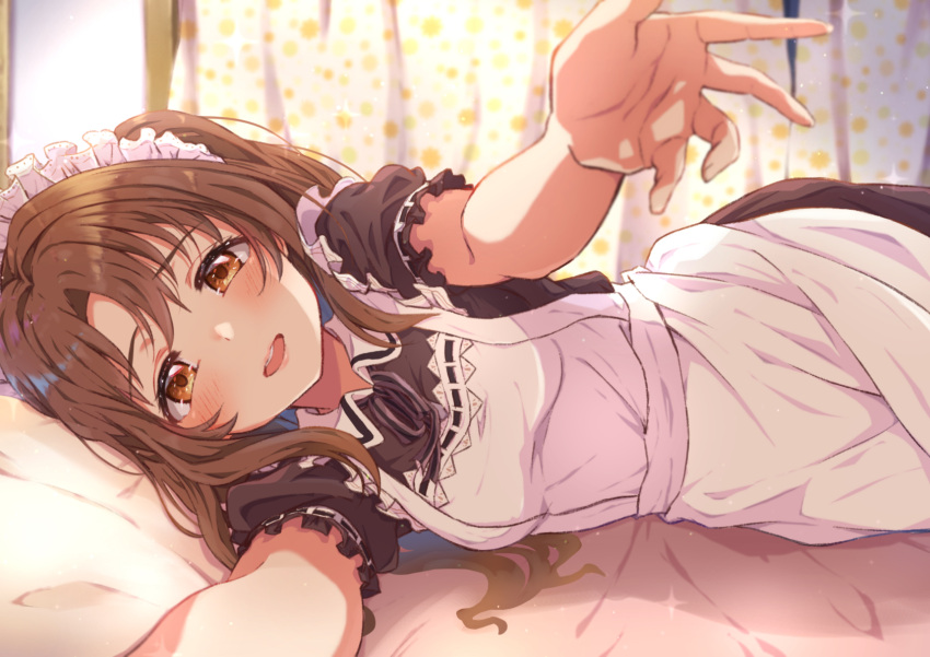 1girl, :d, alternate_costume, apron, blush, brown_eyes, brown_hair, enmaided, eyebrows_visible_through_hair, foreshortening, frills, highres, idolmaster, idolmaster_cinderella_girls, long_hair, looking_at_viewer, lying, maid, maid_apron, maid_headdress, omochi_(k-on1991), on_side, open_mouth, outstretched_arms, reaching_out, shimamura_uzuki, skirt, smile, solo