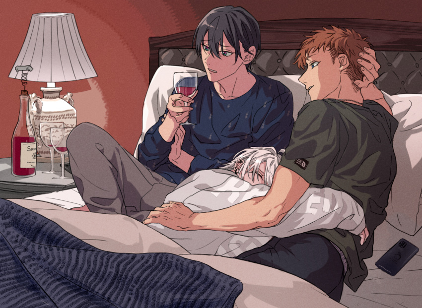 3boys, alcohol, aohitsugi_samatoki, bed, black_hair, brown_hair, busujima_riou_mason, cup