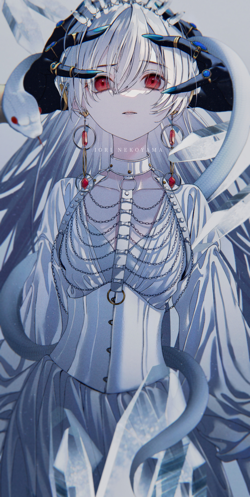 1girl, 1other, absurdres, animal, arms_at_sides, bangs, blue_nails, breasts