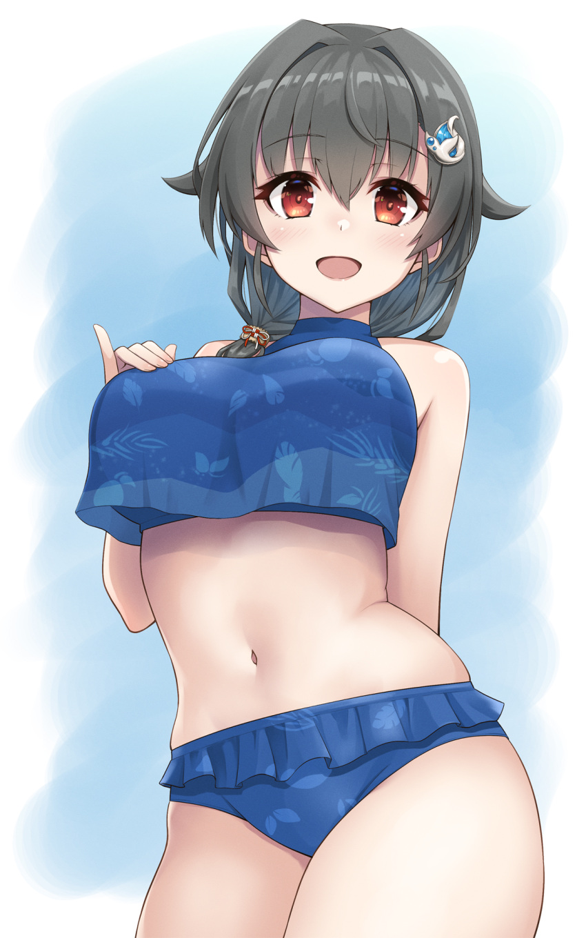 1girl, bangs, bikini, black_hair, blue_bikini, blush, breasts, eyebrows_visible_through_hair