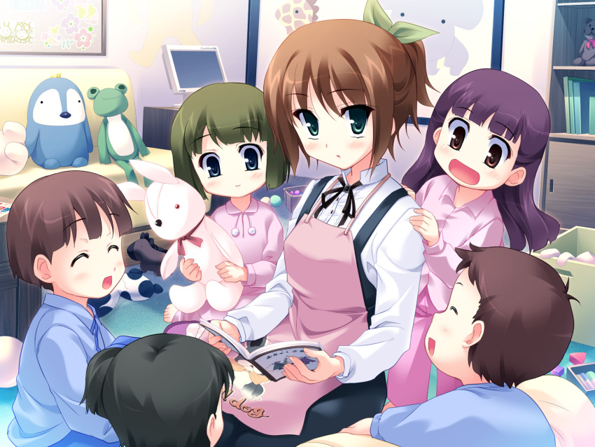 apron, black_hair, blush, brown_eyes, brown_hair, computer, game_cg, green_eyes