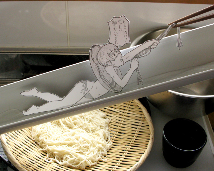 1girl, barefoot, bikini, chopsticks, food, holding, indoors, innertube