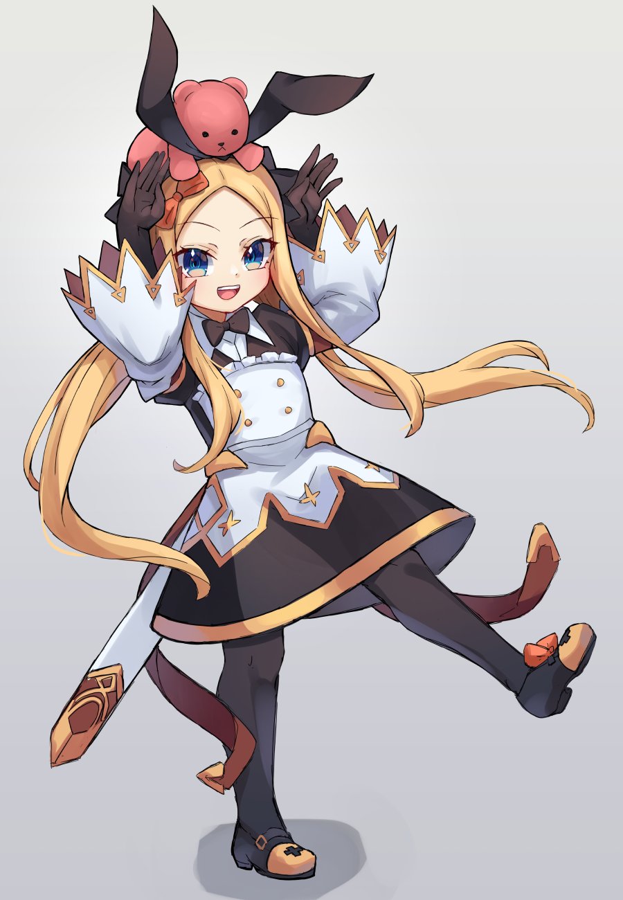 1girl, abigail_williams_(fate), astolfo_(fate), astolfo_(saber)_(fate), astolfo_(saber)_(fate)_(cosplay), bangs, black_dress, black_gloves