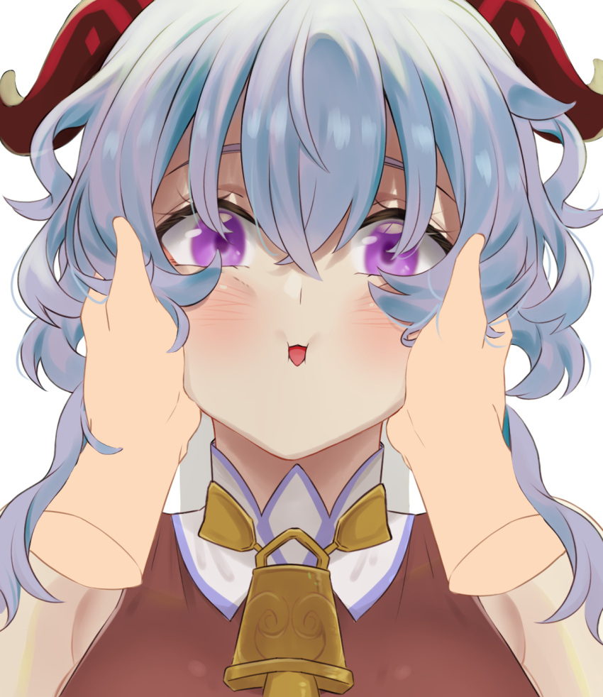 altruwishm, bangs, bell, blue_hair, blush, cheek_squash, curled_horns, disembodied_limb