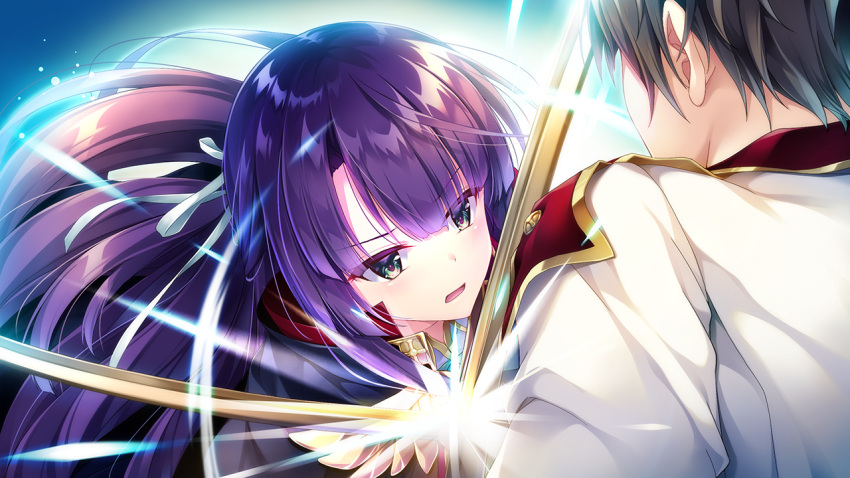 1boy, 1girl, bangs, black_hair, eyebrows_visible_through_hair, fighting, floating_hair, game_cg