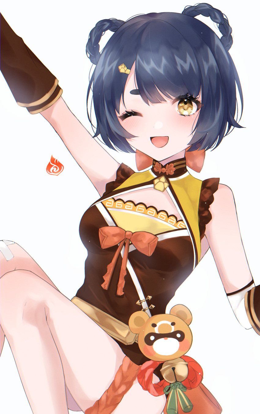 1girl, arm_up, ass, bangs, bell, black_gloves, black_hair, blunt_bangs