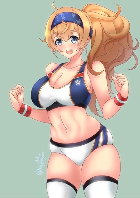 1girl, alternate_costume, alternate_hairstyle, blonde_hair, blue_eyes, breasts, buruma, gambier_bay_(kancolle)