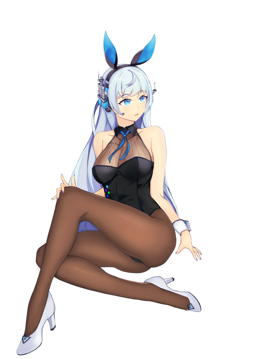1girl, absurdres, animal_ears, black_leotard, blue_eyes, blue_nails, breasts, brown_legwear