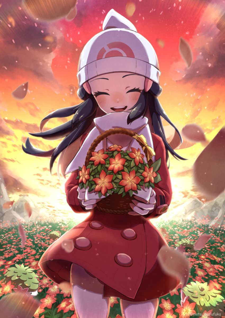 1girl, :d, ^_^, ^o^, basket, beanie, blue_hair, blush, closed_eyes, clouds, hikari_(pokemon), field, floating_clothes, floating_hair, flower, flower_basket, flower_field, gracidea, hat, highres, holding, holding_basket, light_rays, mato., open_mouth, orange_sky, petals, pink_coat, pink_skirt, poke_ball_symbol, pokemon, pokemon_(game), pokemon_dppt, pokemon_platinum, poketch, rock, scarf, shaymin, shaymin_(land), skirt, sky, smile, sunbeam, sunlight, sunset, twitter_username, watch, watch, white_headwear, white_scarf, wind, yellow_sky