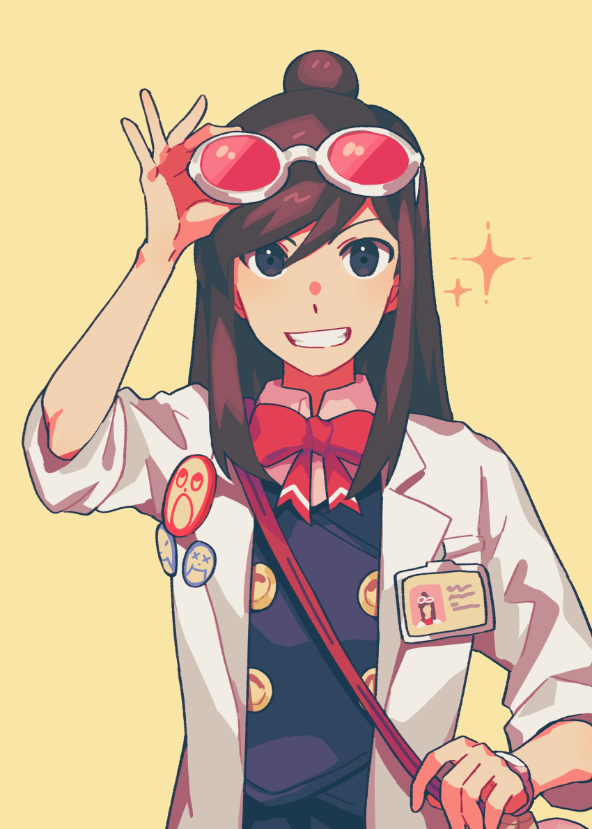 1girl, absurdres, ace_attorney, badge, bangs, blue_eyes, blue_vest, bow, bowtie, brown_hair, coat, ema_skye, eyewear_on_head, grin, hair_between_eyes, hair_bun, hand_on_eyewear, highres, id_card, labcoat, long_hair, n3ss_0, red_neckwear, simple_background, smile, solo, sparkle, sunglasses, upper_body, vest, white_coat, yellow_background
