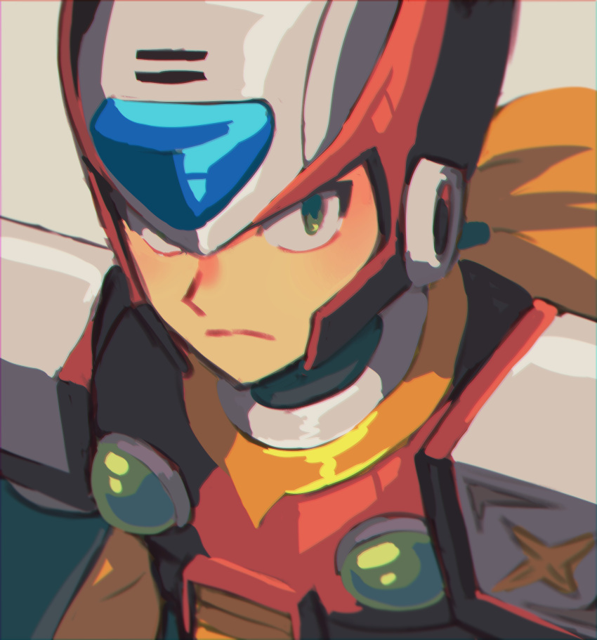 1boy, android, armor, blonde_hair, closed_mouth, commentary, green_eyes, grey_background