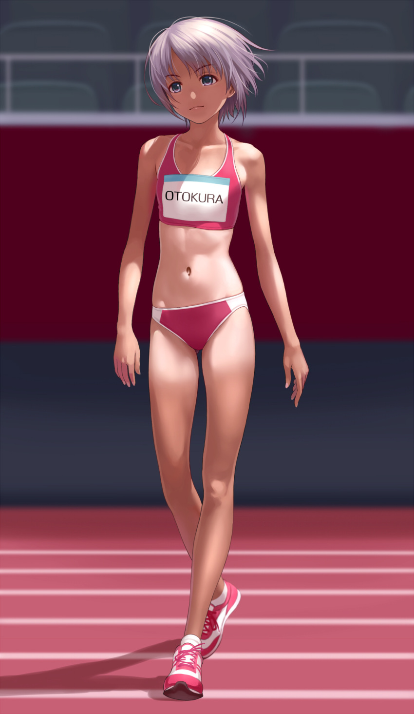 1girl, blue_eyes, blurry, blurry_background, character_name, commentary, flat_chest, grey_eyes